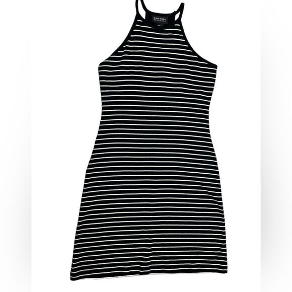 New York & Company Black and White Striped Bodycon Mini Summer Dress Halter Top - Picture 1 of 4